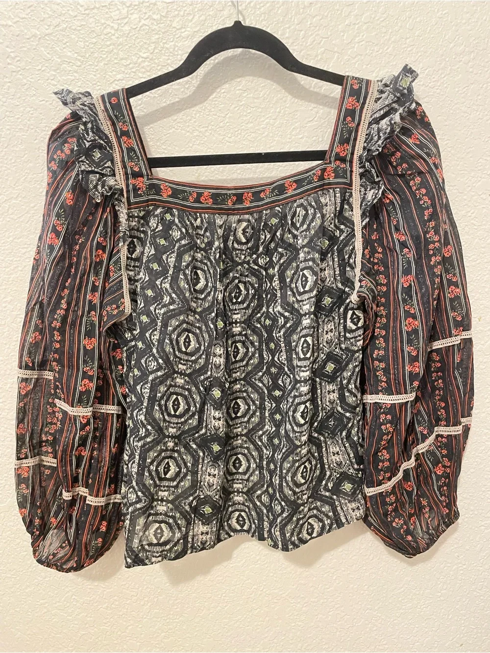 Free People Black Floral & Geometric Square-Neck Blouse - Picture 3 of 5